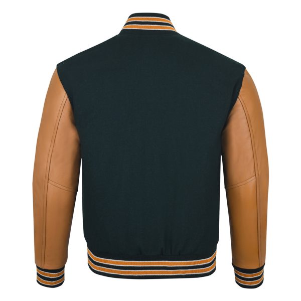 Letterman Jacket Green wool and Tan leather