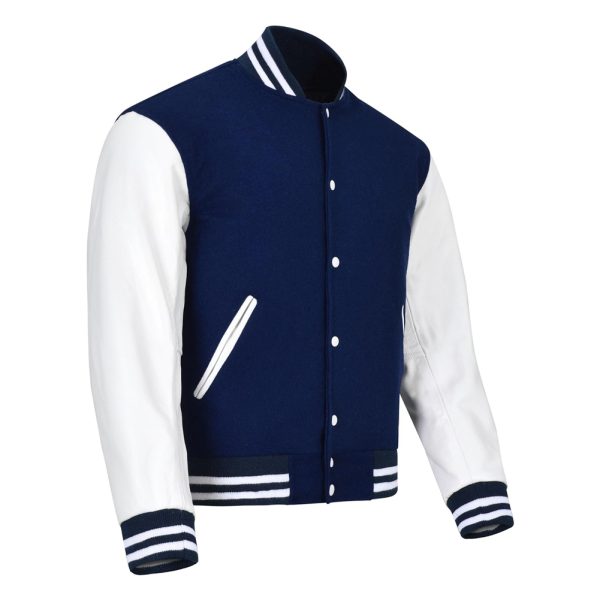 Letterman Jacket in Nave Blue with White leather Sleeves